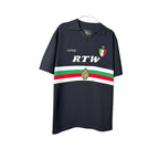 Urban Cult black knit jersey with white, green, and red stripes and 'RTW' logo. Features a vintage football aesthetic.