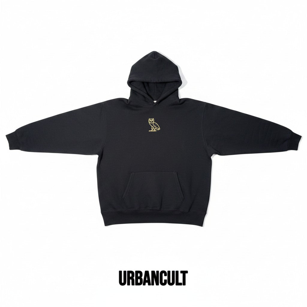 Urban Cult black cotton hoodie with embroidered gold Classic Owl logo on chest, size M