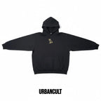 Urban Cult black cotton hoodie with embroidered gold Classic Owl logo on chest, size M