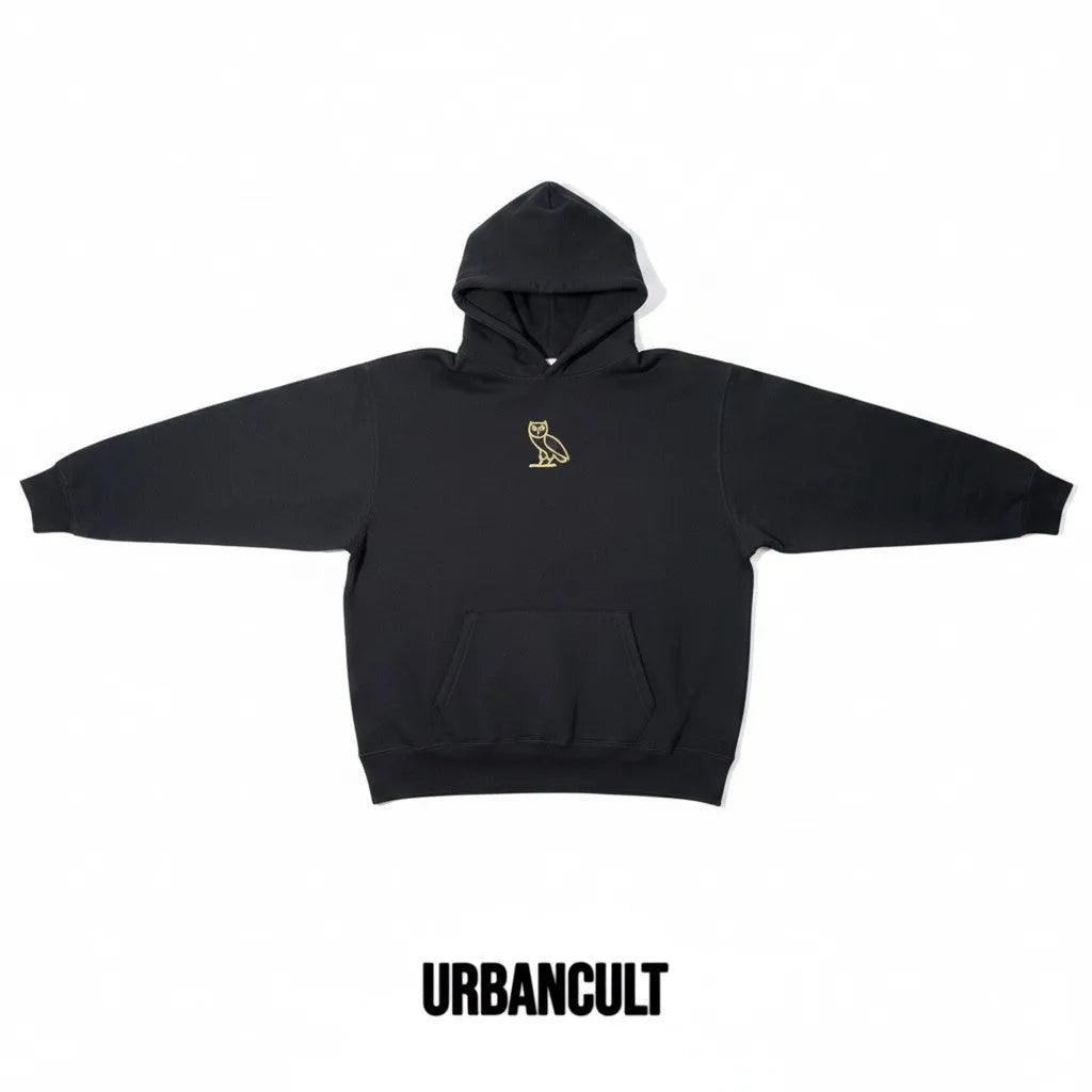 Urban Cult black cotton hoodie with embroidered gold Classic Owl logo on chest, size M
