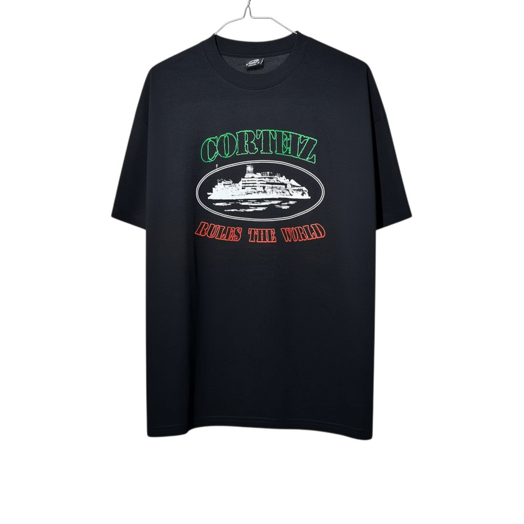 Urban Cult black cotton t-shirt with Corteiz OG Alcatraz Italia Rules the world graphic print