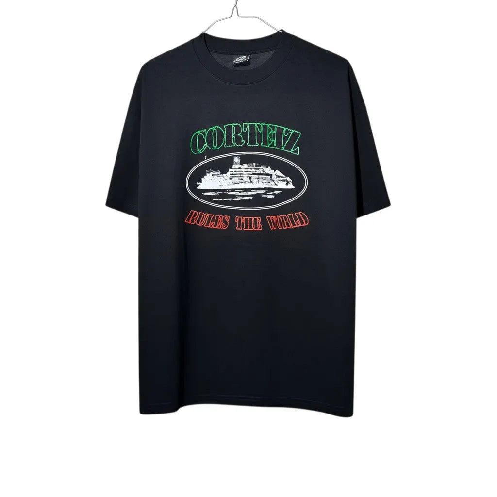 Urban Cult black cotton t-shirt with Corteiz OG Alcatraz Italia Rules the world graphic print