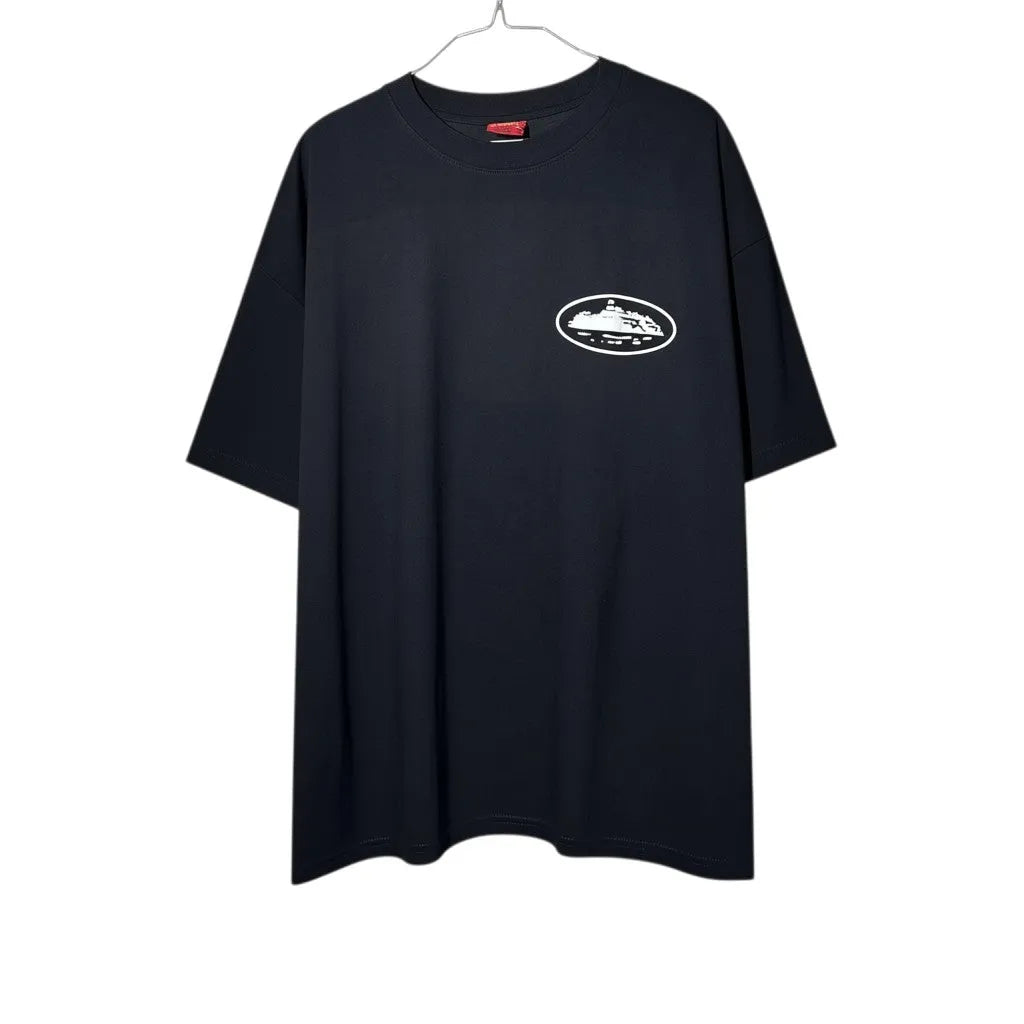Urban Cult T-Shirt Corteiz OG Island Alcatraz Nera in cotone premium, taglia L, con grafica bianca dell'isola di Alcatraz sul petto.