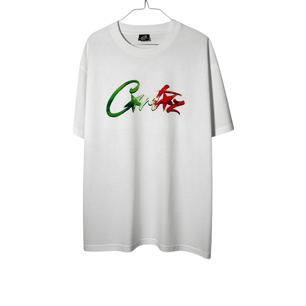 Urban Cult T-shirt Corteiz All Stars Italia bianca in cotone, taglia M, con logo grafico.