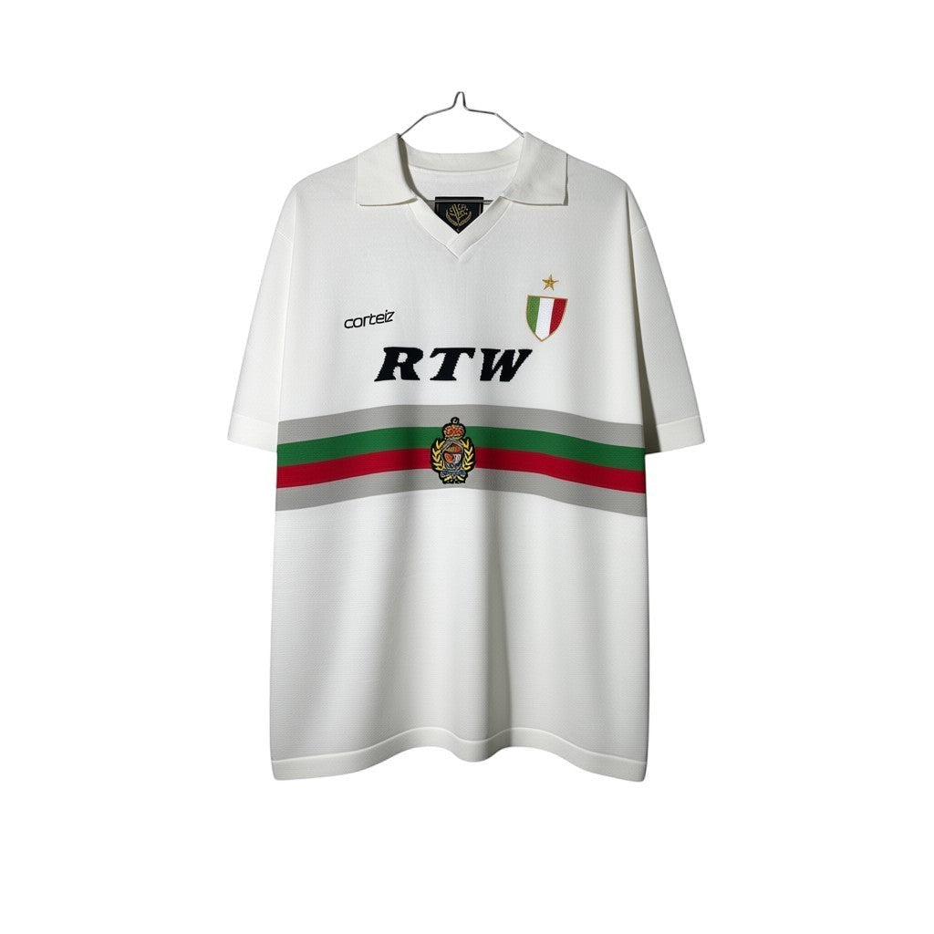 Urban Cult: Corteiz 'Serie A' Knit Jersey in white fine knit with RTW logo and Italian flag detail.