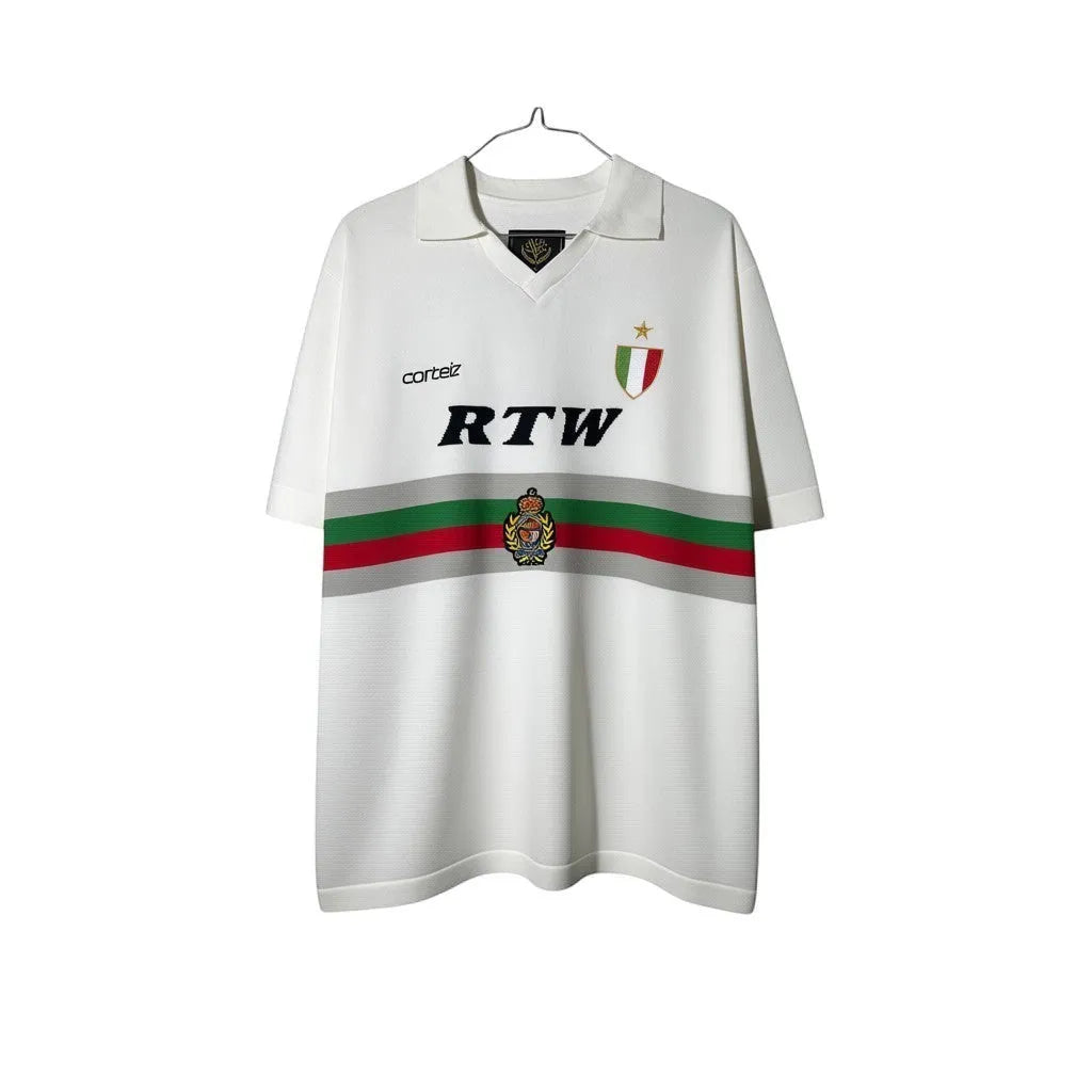Urban Cult: Corteiz 'Serie A' Knit Jersey in white fine knit with RTW logo and Italian flag detail.