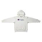 Urban Cult felpa bianca con cappuccio in cotone, logo Champion ricamato sul petto, taglia XS.