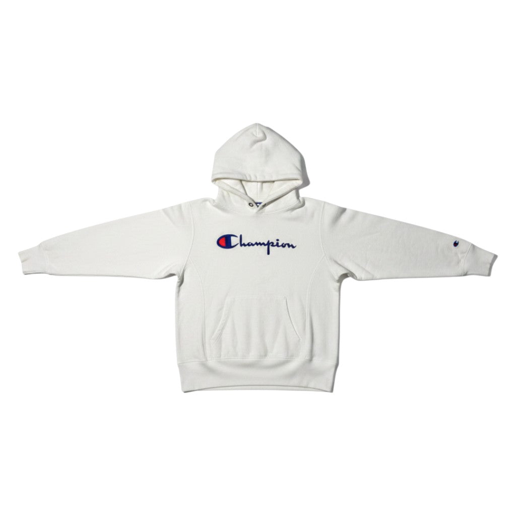 Urban Cult felpa bianca con cappuccio in cotone, logo Champion ricamato sul petto, taglia XS.