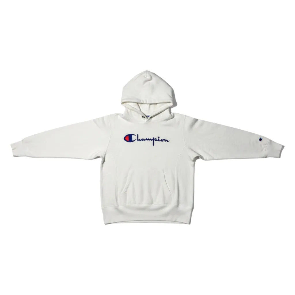 Urban Cult felpa bianca con cappuccio in cotone, logo Champion ricamato sul petto, taglia XS.