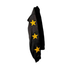 Felpa con cappuccio nera Urban Cult con logo Tri-Ferg e stelle 3D ricamate sulle maniche, cotone pesante, taglia S.