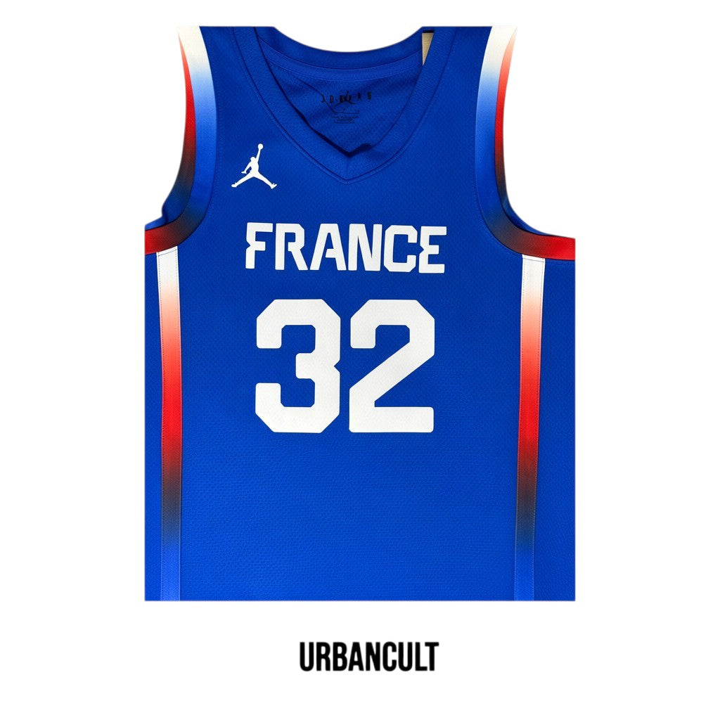 Urban Cult Official France basketball jersey #32, blue, white lettering, Nike logo, French flag trim.