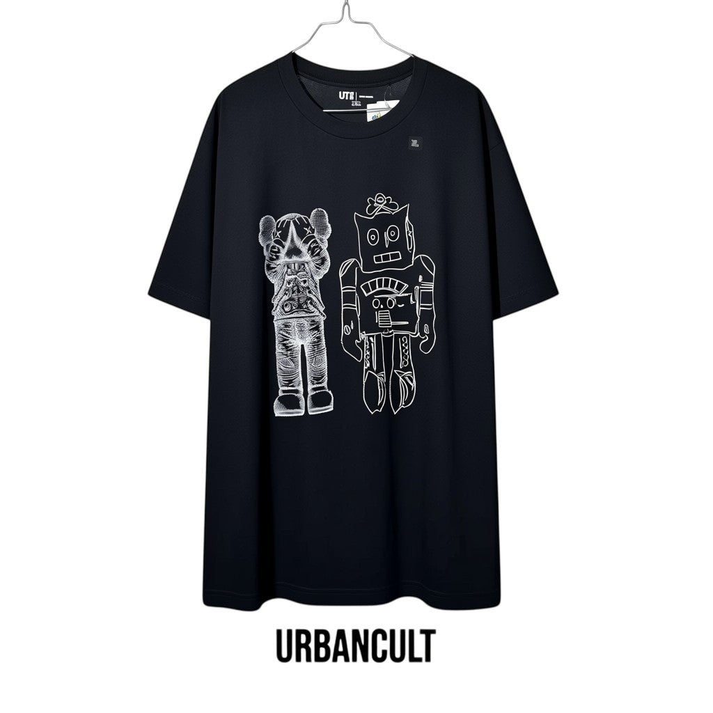 Urban Cult black cotton t-shirt with KAWS and Warhol graphic print, size XL.
