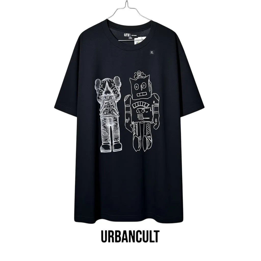Urban Cult black cotton t-shirt with KAWS and Warhol graphic print, size XL.