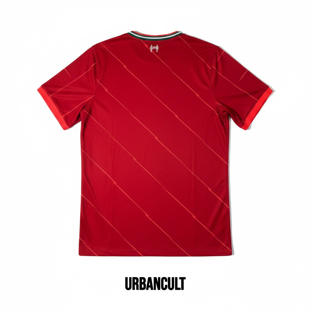 Urban Cult Liverpool FC 2021/2022 Home football shirt, dark red with subtle diagonal stripes and white/green collar trim.