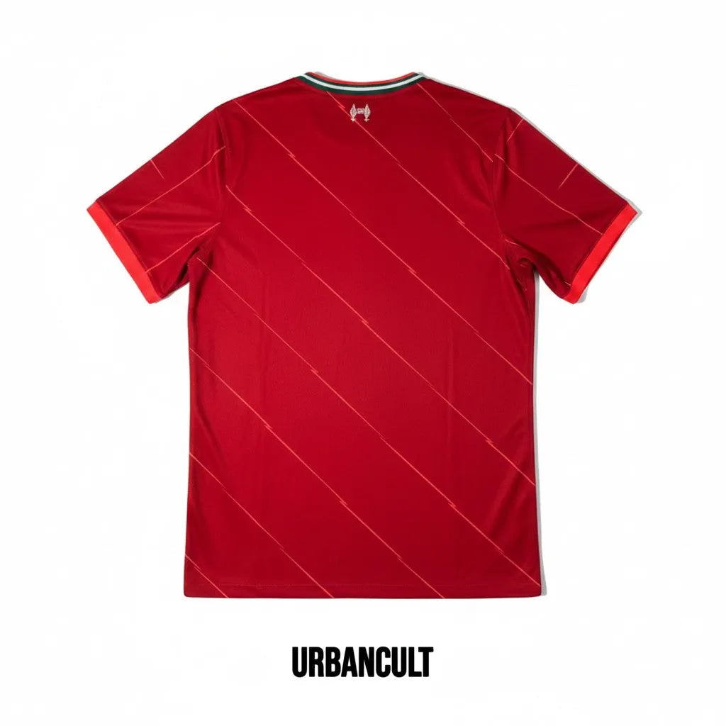 Urban Cult Liverpool FC 2021/2022 Home football shirt, dark red with subtle diagonal stripes and white/green collar trim.
