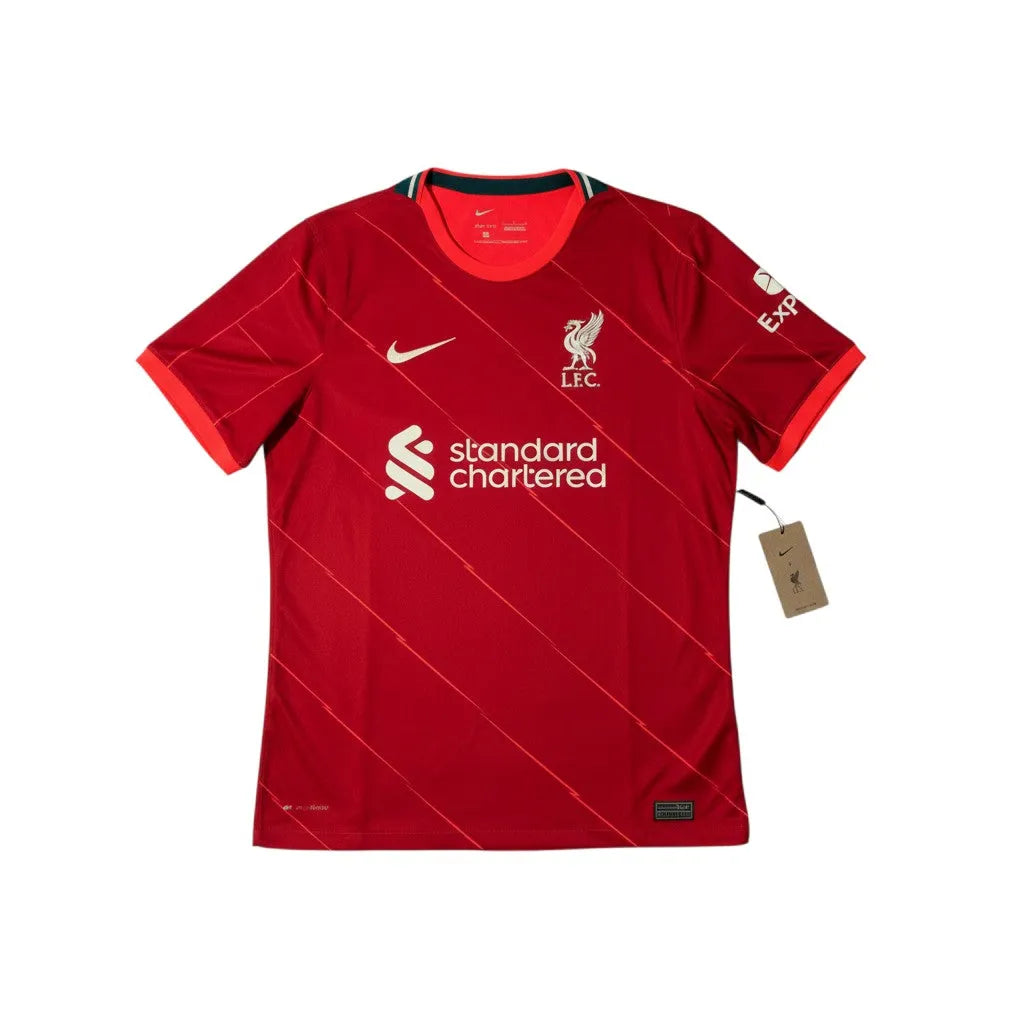 Urban Cult Liverpool FC 2021/2022 Home football shirt, red, Nike Dri-FIT, Standard Chartered sponsor, LFC crest.
