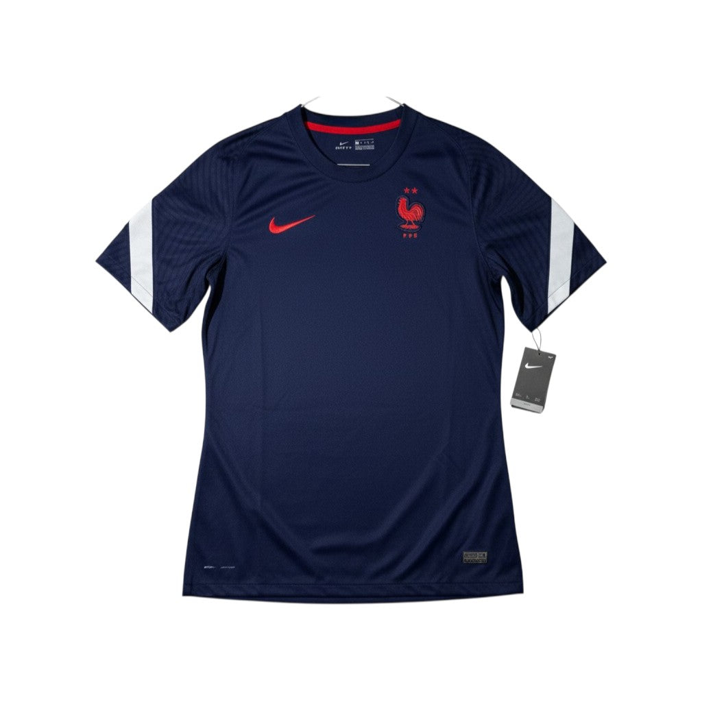 Urban Cult Maglia Ufficiale Francia 2021/2022 Home Blu Scuro Nike Dri-FIT con logo gallo rosso e banda rossa sulle maniche.