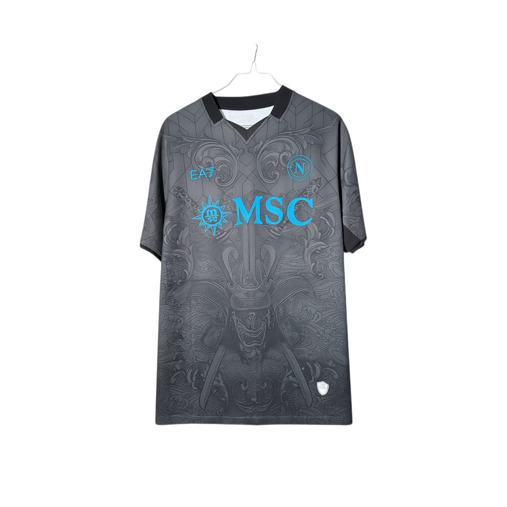 Urban Cult black EA7 Napoli 2024/25 Di Lorenzo #22 autographed football shirt with blue accents and paisley pattern.