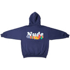 Urban Cult Navy cotton hoodie with 'Nude Project Candy Chérie' graphic print on back. Unisex size S.