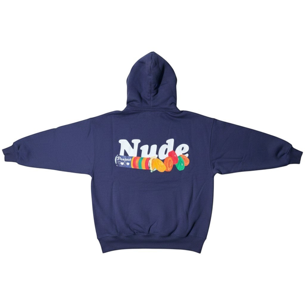 Urban Cult Navy cotton hoodie with 'Nude Project Candy Chérie' graphic print on back. Unisex size S.