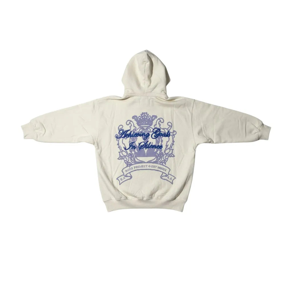 Urban Cult Nude Project Chateau Hoodie in Marshmallow cream cotton with a boxy fit and a graphic print on the back.