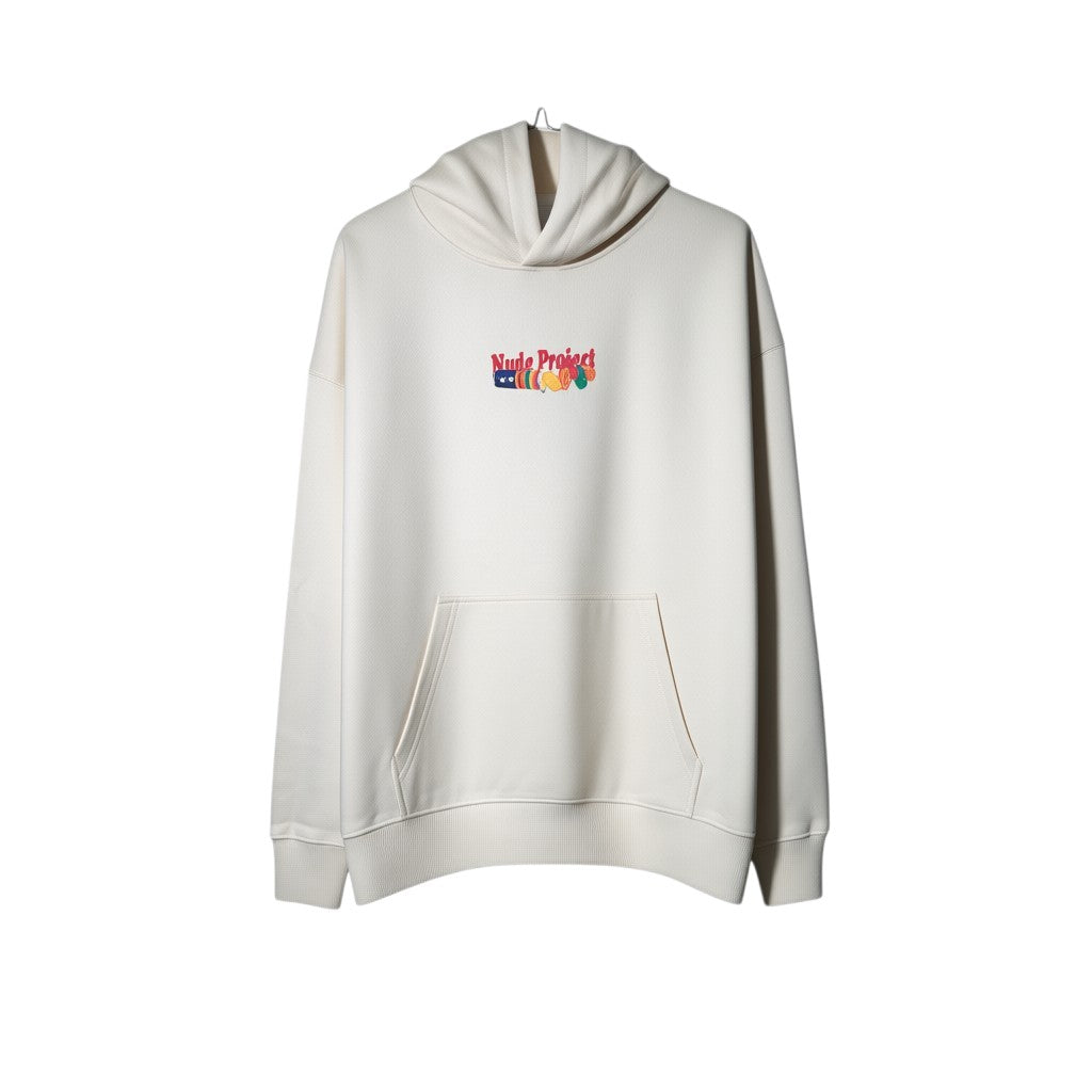 Urban Cult Nude Project Chérie Hoodie in Marshmallow cream cotton with colourful graphic logo and front pocket. Relaxed fit.