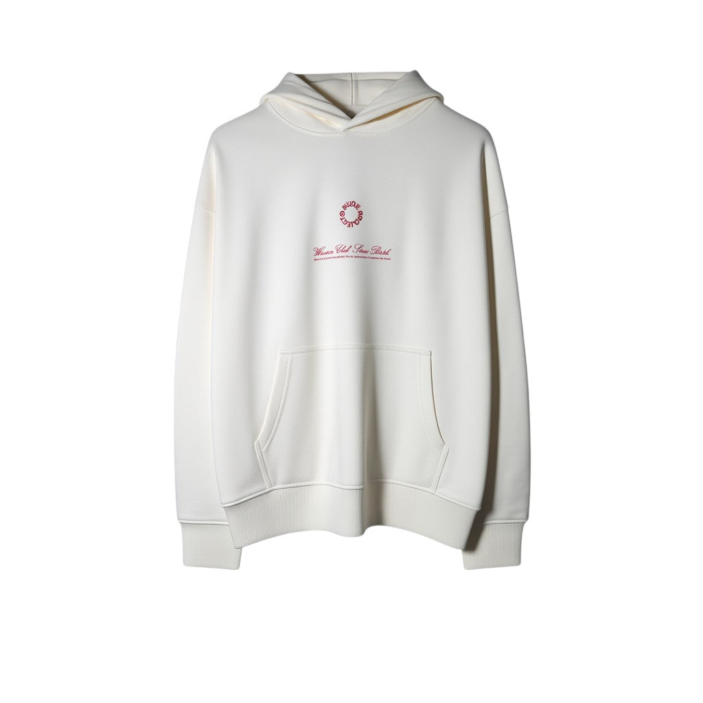Urban Cult Nude Project Virginity Hoodie in Marshmallow cream with red graphic print and front pocket. Comfortable streetwear style.
