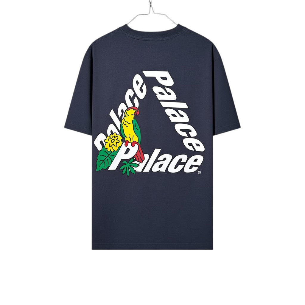 Urban Cult navy blue cotton t-shirt with Palace parrot graphic print on back, size S.