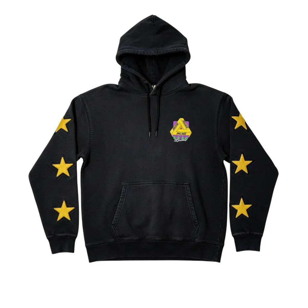Felpa con cappuccio nera Palace Tri-Ferg 3D Star, cotone pesante, logo Tri-Ferg sul petto e stelle ricamate sulle maniche.