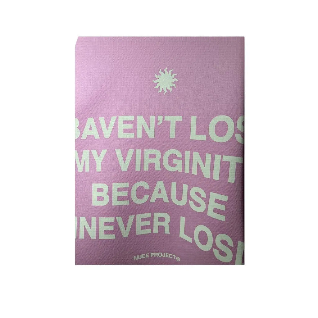 Urban Cult pink cotton hoodie with 'I HAVEN'T LOST MY VIRGINITY BECAUSE I NEVER LOST' graphic print and sun logo.