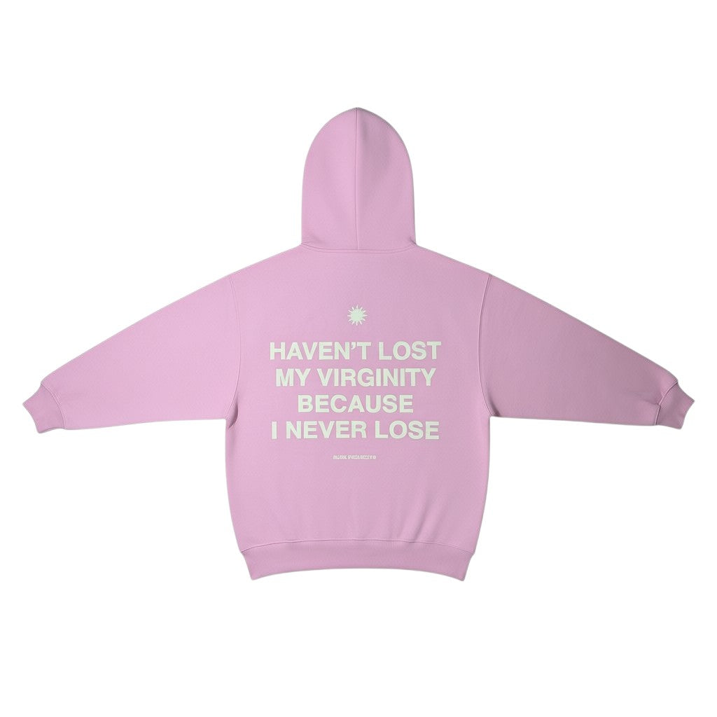 Urban Cult pink cotton hoodie with "Haven't Lost My Virginity Because I Never Lose" graphic on back.