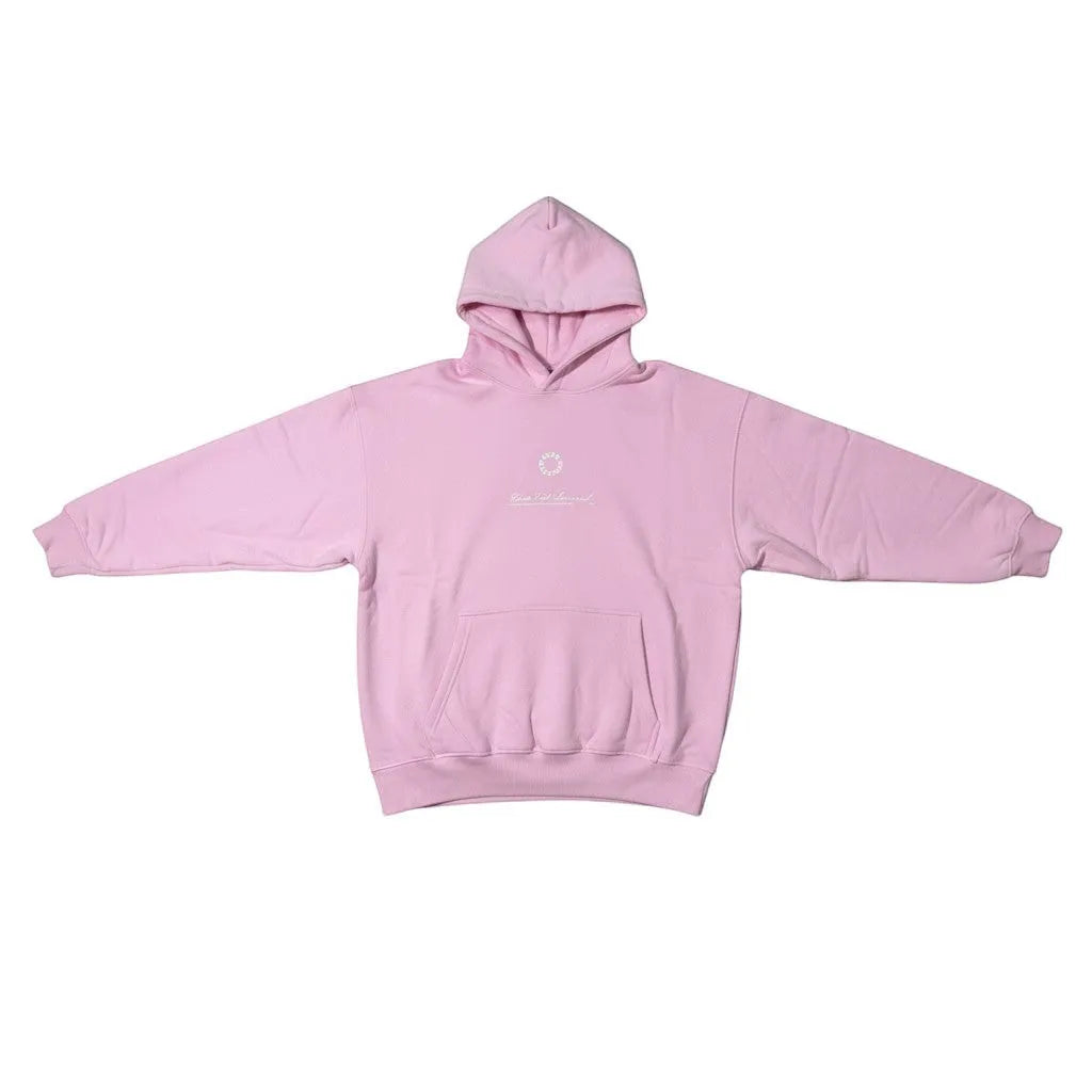 Urban Cult pink cotton hoodie with 'Virginity' graphic on chest, oversized fit, and front pocket.