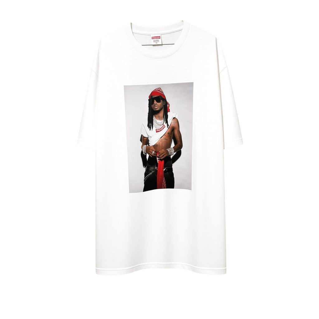 Urban Cult white cotton t-shirt with Playboi Carti graphic print on front. Features red bandana and sunglasses.