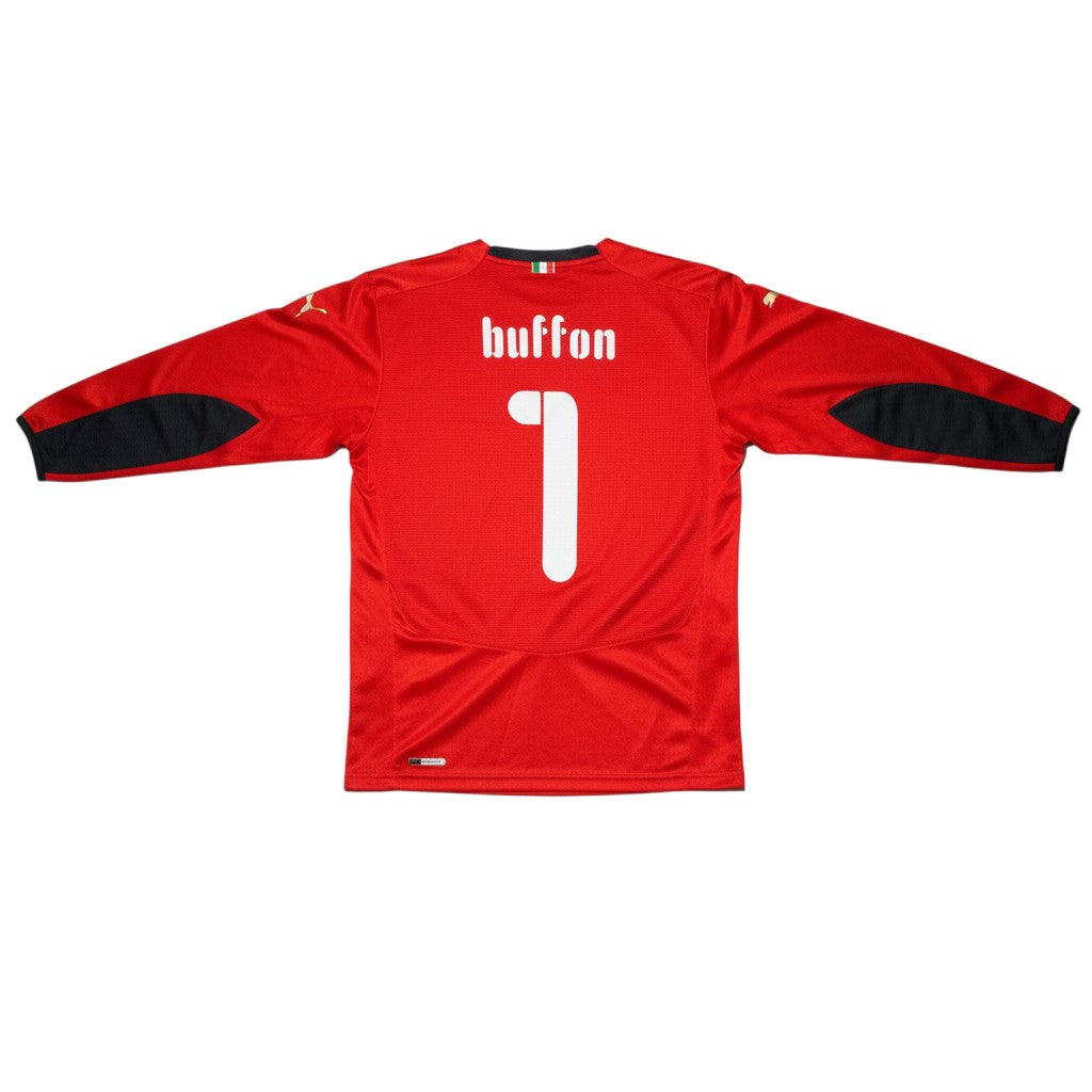 Urban Cult red Puma long sleeve Italy goalkeeper jersey, Buffon #1, size M. Features black side panels and Italian flag detail.