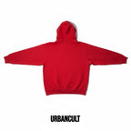 Urban Cult red cotton heavy hoodie with embroidered "SUPREME 2019" in Blockbuster font, size L.