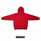 Urban Cult red cotton heavy hoodie with embroidered "SUPREME 2019" in Blockbuster font, size L.