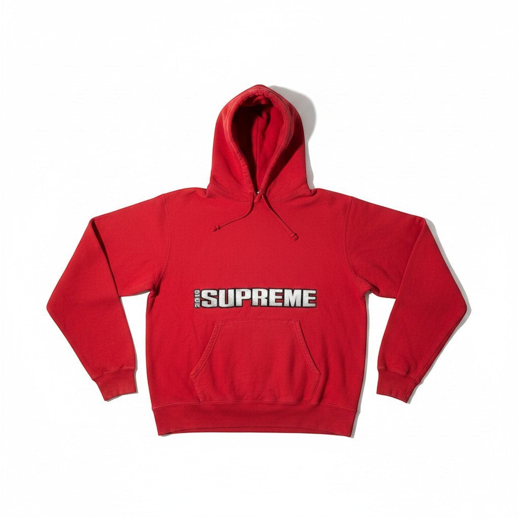 Urban Cult red cotton heavy hoodie with embroidered "SUPREME 2019" Blockbuster logo on the front. Size L.