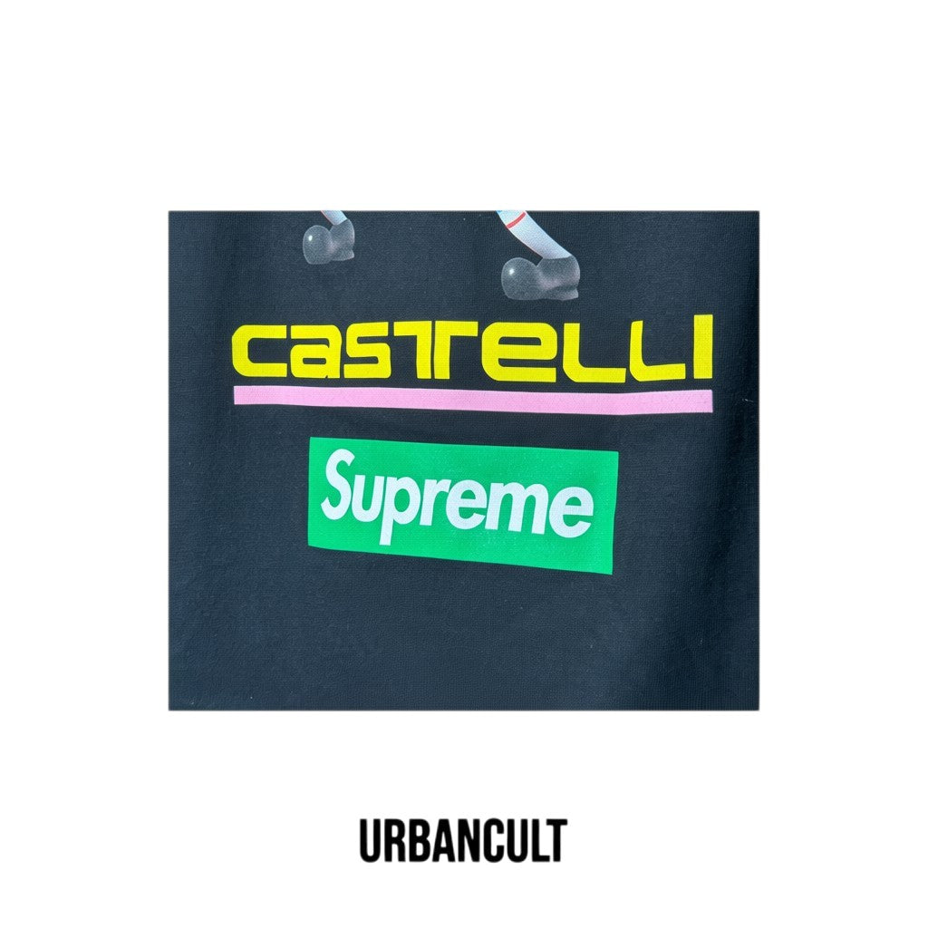 Urban Cult black cotton longsleeve t-shirt with Supreme and Castelli Racing graphics.