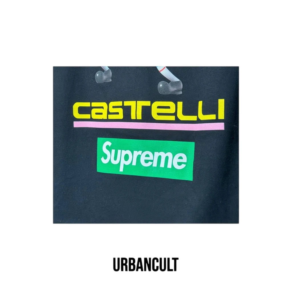 Urban Cult black cotton longsleeve t-shirt with Supreme and Castelli Racing graphics.