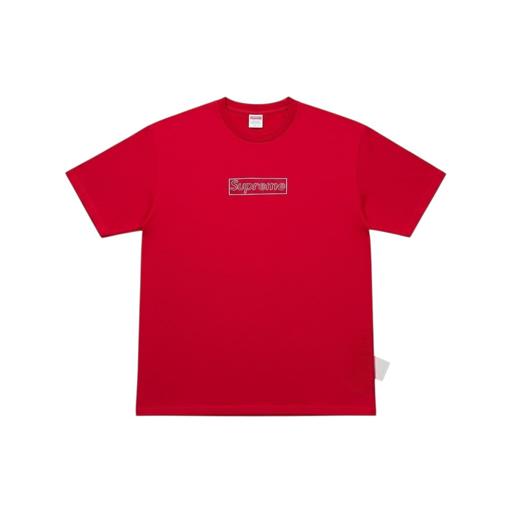 Urban Cult red cotton t-shirt with Supreme x KAWS Chalk Box Logo graphic print, size M.