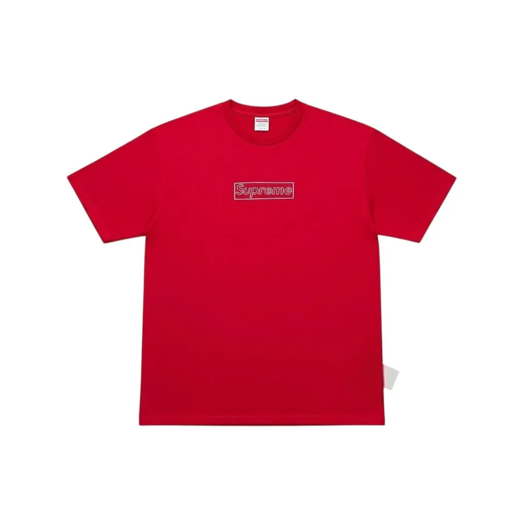 Urban Cult red cotton t-shirt with Supreme x KAWS Chalk Box Logo graphic print, size M.