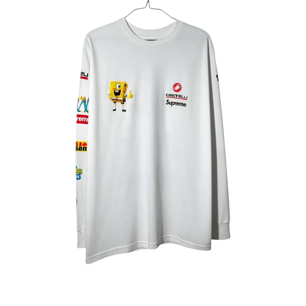 Urban Cult white cotton SpongeBob x Castelli Racing long sleeve t-shirt with graphic print on chest and sleeves. Size S.