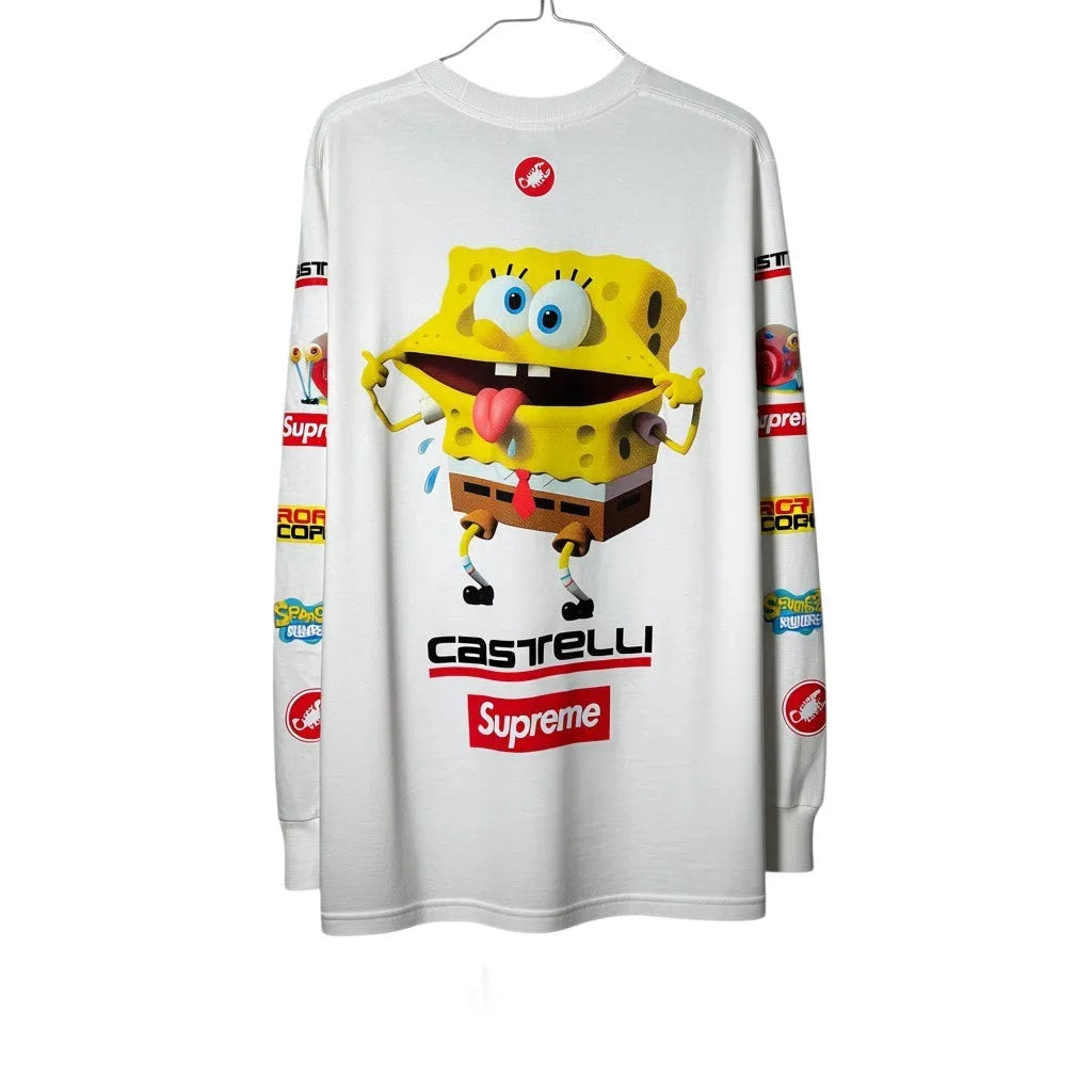 Urban Cult white cotton longsleeve t-shirt with SpongeBob graphic and Castelli Racing logos. Size S.