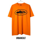 Urban Cult T-Shirt Corteiz OG Island Alcatraz Arancione in cotone premium con grafica nera dell'isola di Alcatraz.