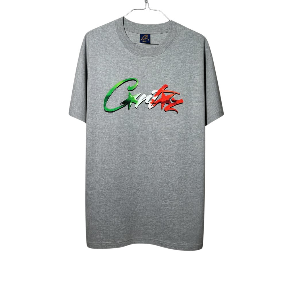 Urban Cult T-shirt Grigia in cotone con logo Corteiz All Stars Italia verde, bianco e rosso. Taglia S.