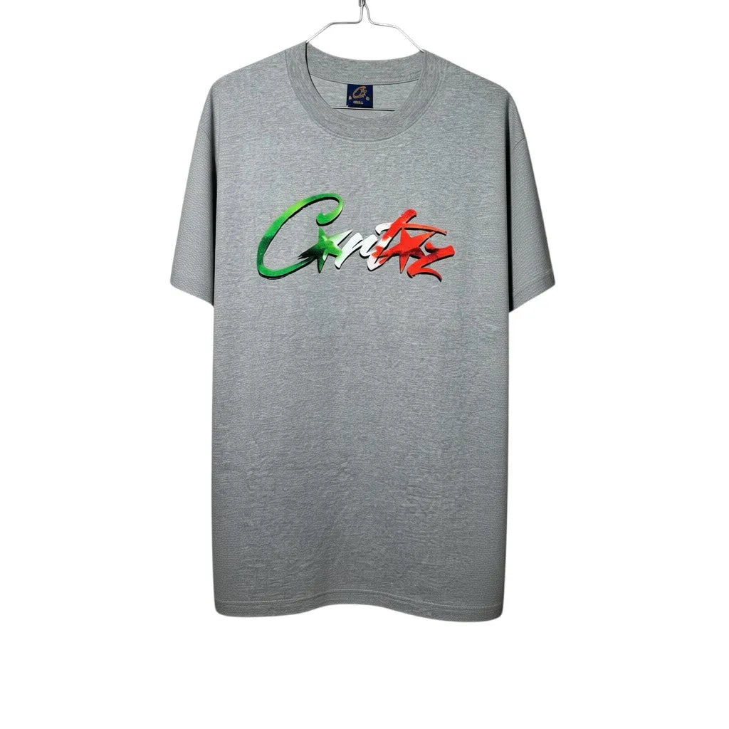 Urban Cult T-shirt Grigia in cotone con logo Corteiz All Stars Italia verde, bianco e rosso. Taglia S.