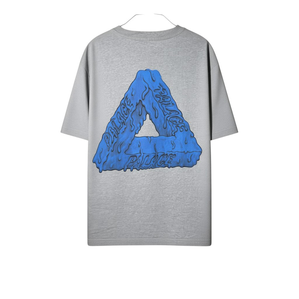 Urban Cult T-shirt grigia da uomo in cotone con logo Tri-Ferg blu effetto slime sul retro, taglia M.