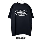 Urban Cult T-Shirt nera in cotone premium con grafica Alcatraz bianca. Taglia L.