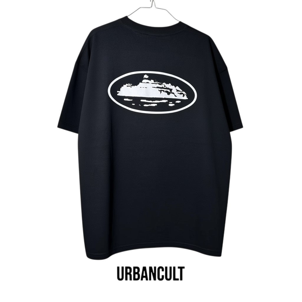 Urban Cult T-Shirt nera in cotone premium con grafica Alcatraz bianca. Taglia L.
