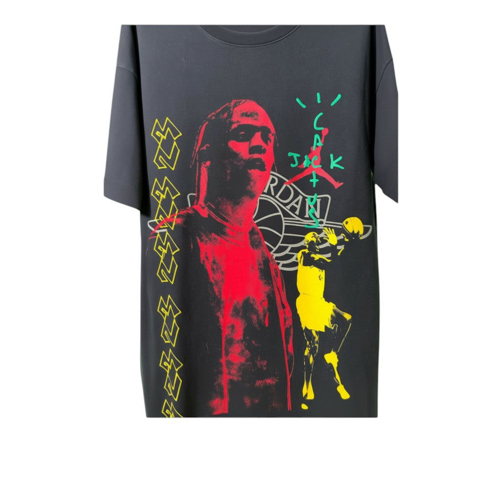 Urban Cult black cotton t-shirt with Travis Scott and Michael Jordan graphic print, Cactus Jack logos, and neon details.
